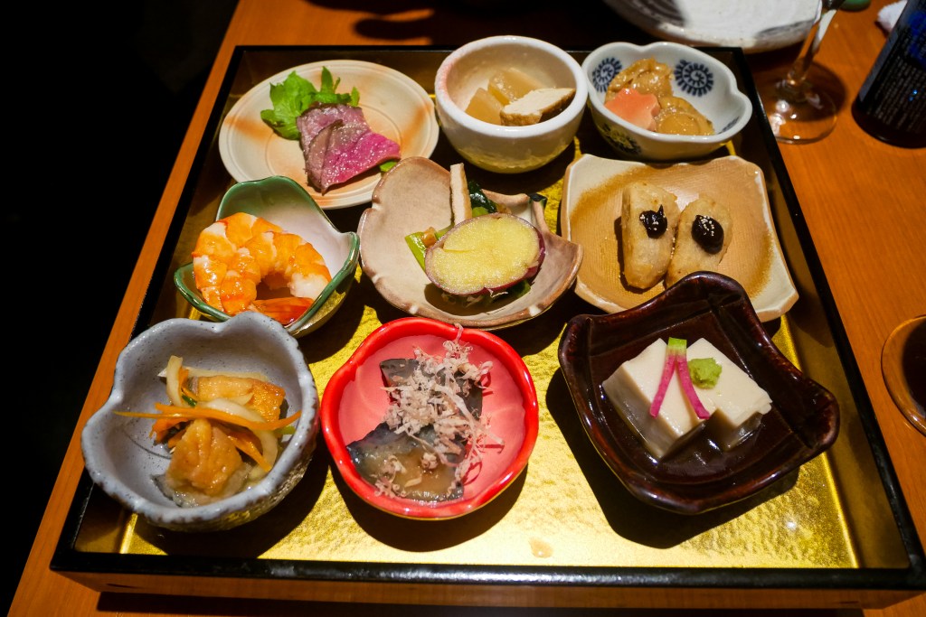 Sampling of obanzai small plate seasonal dishes